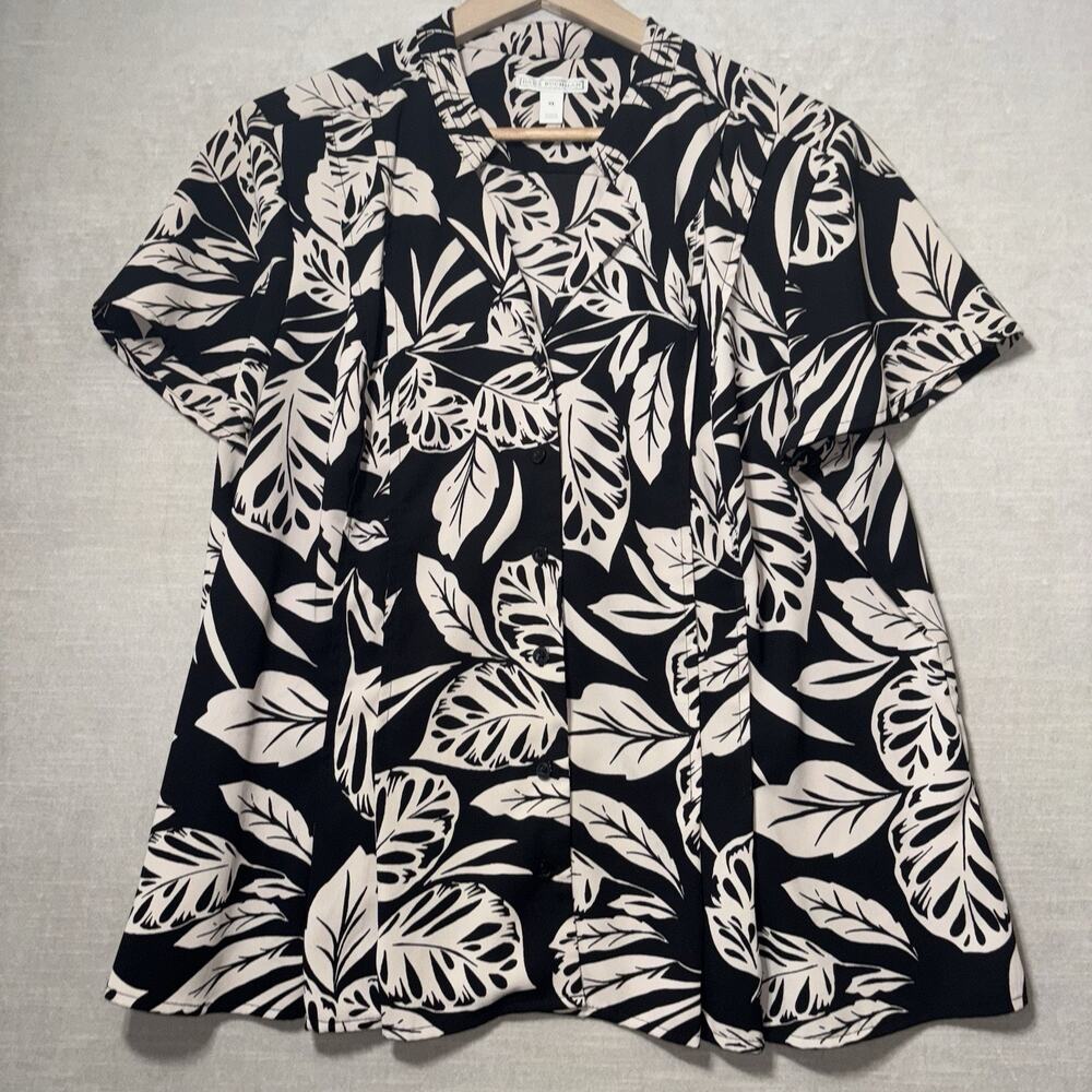 Dana Buchman Womens Short Sleeve Button Top XL Black Beige Leaf Pattern Flowy